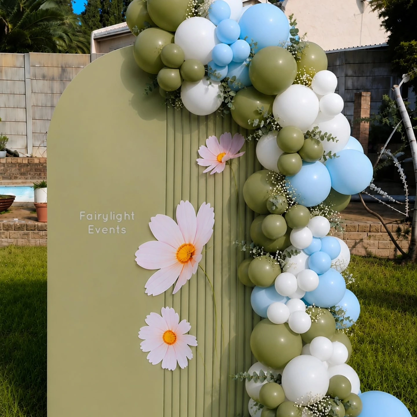 Sage green and gold baby shower balloon garland