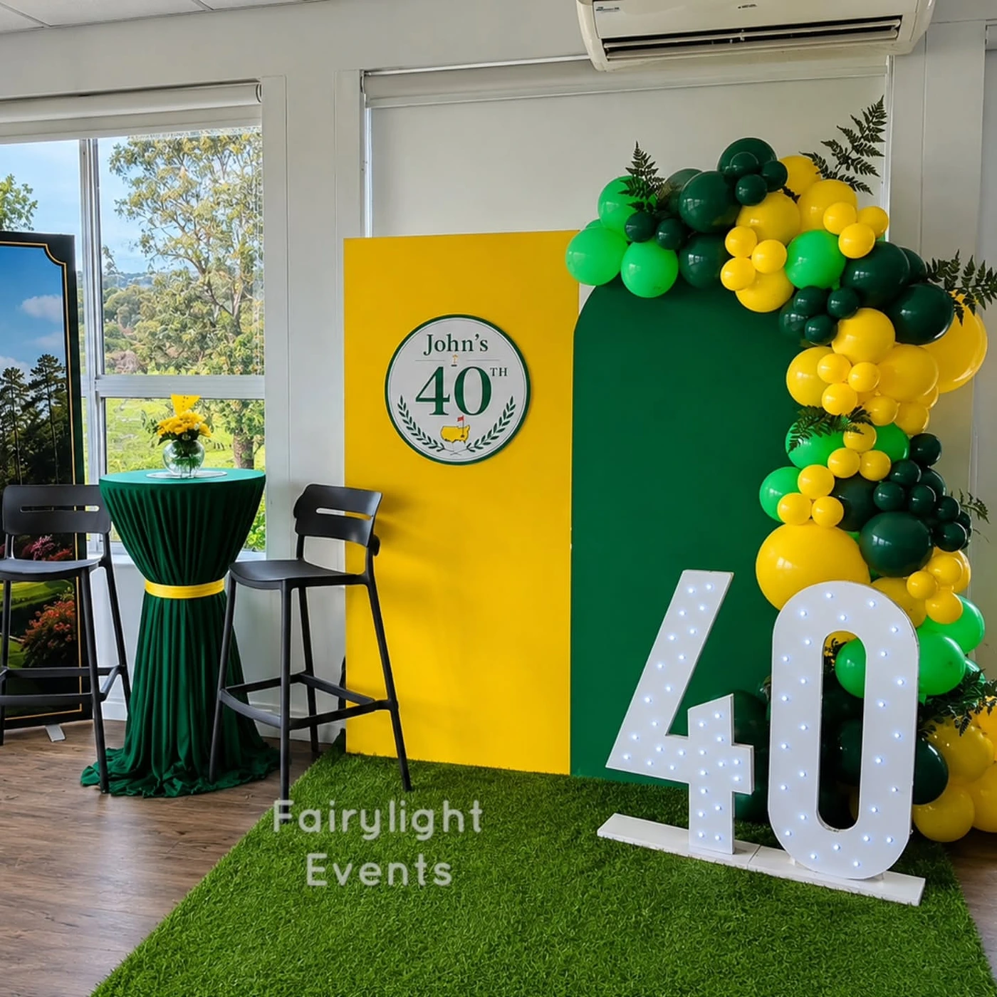Golf themed 40th birthday backdrop in green and gold