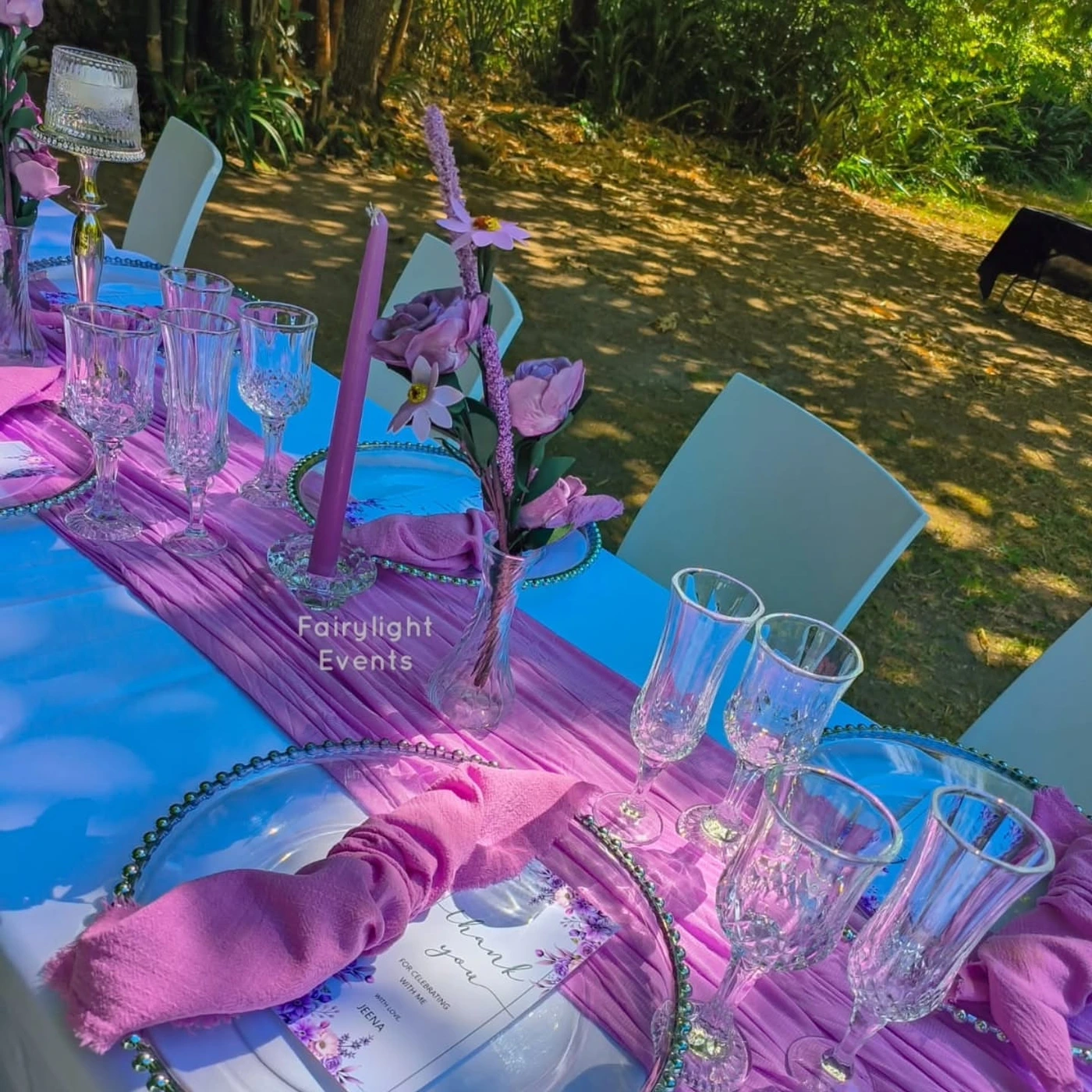 Purple bamboo-garden bridal shower table setting