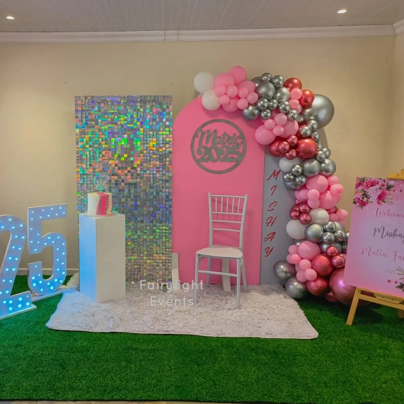 Pink and silver chrome balloon garland matric ball backdrop