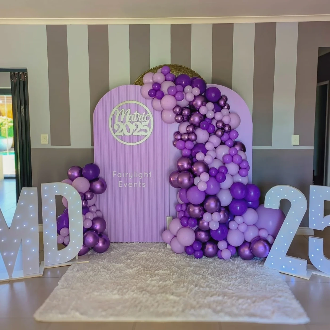 Purple chrome balloon garland matric ball backdrop